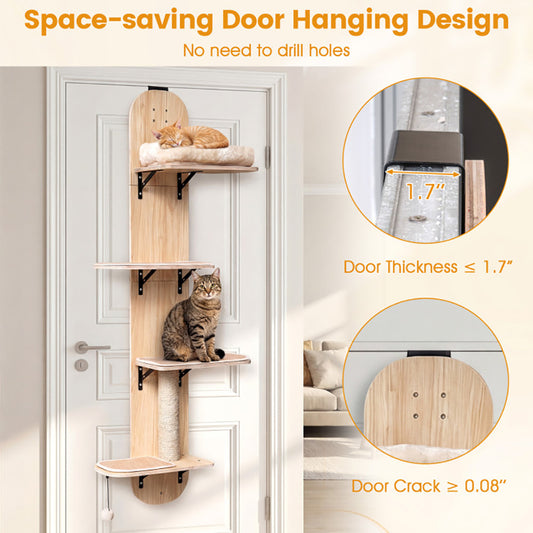 Door Hanging Cat Climber 4-level Height Adjustable With Plush Bed Teasing Ball Jute Rope Scratching Post