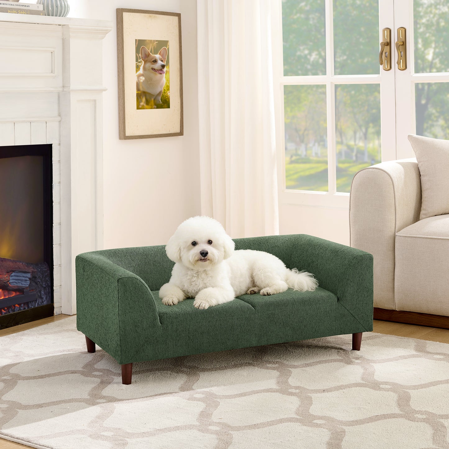 Pet Sofa With Backrest And Armrests, Modern Rectangular Pet Sofa Suitable For Small And Medium Dogs, Soft Cushion Comfortable Dog Sofa,-OLIVE GREEN