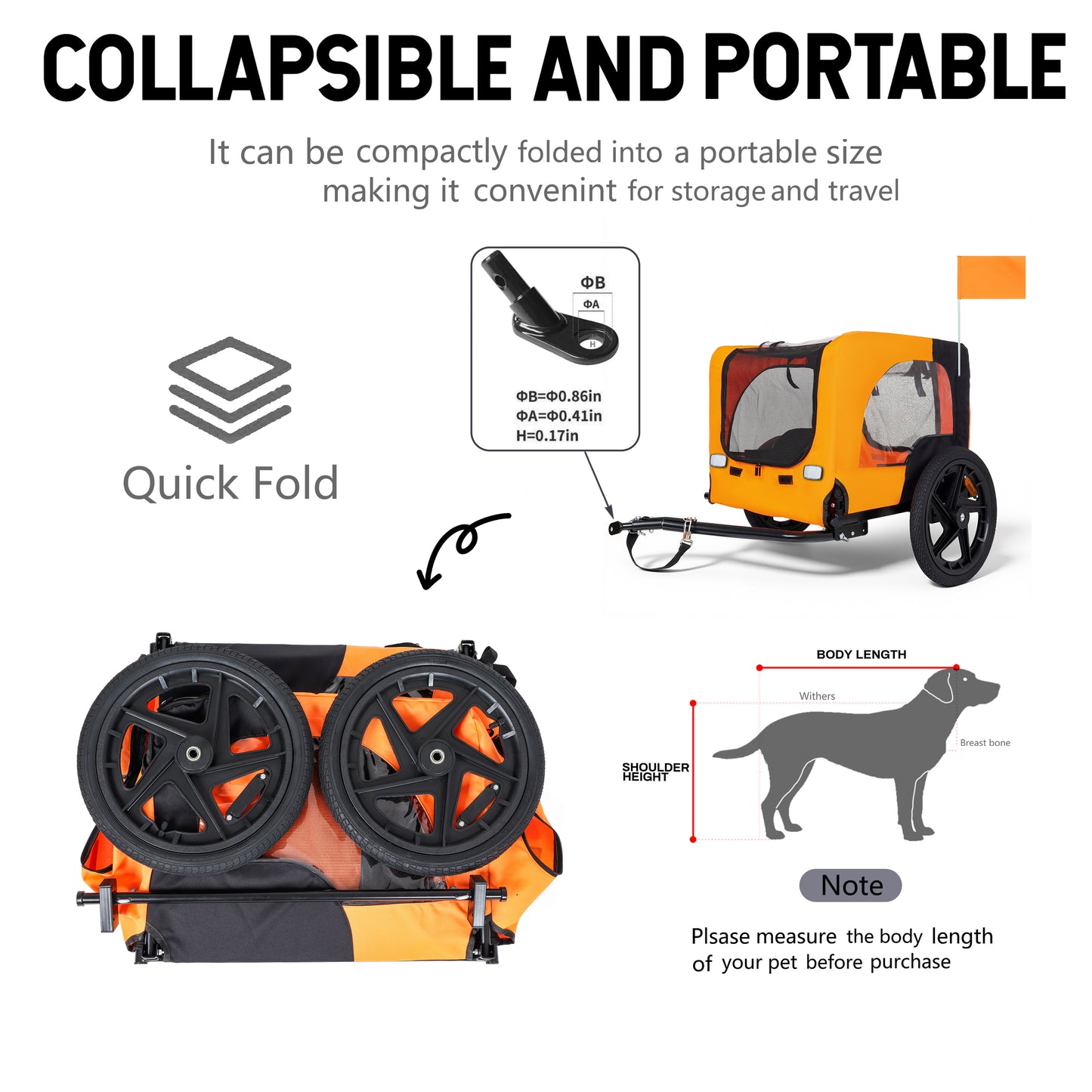 Outdoor Heavy Duty Collapsible Pet Bike Trailer With 16-Inch All-Terrain Wheels & Universal Hitch - Foldable Dog Cargo Carrier Cart For Bicycles, Black Orange