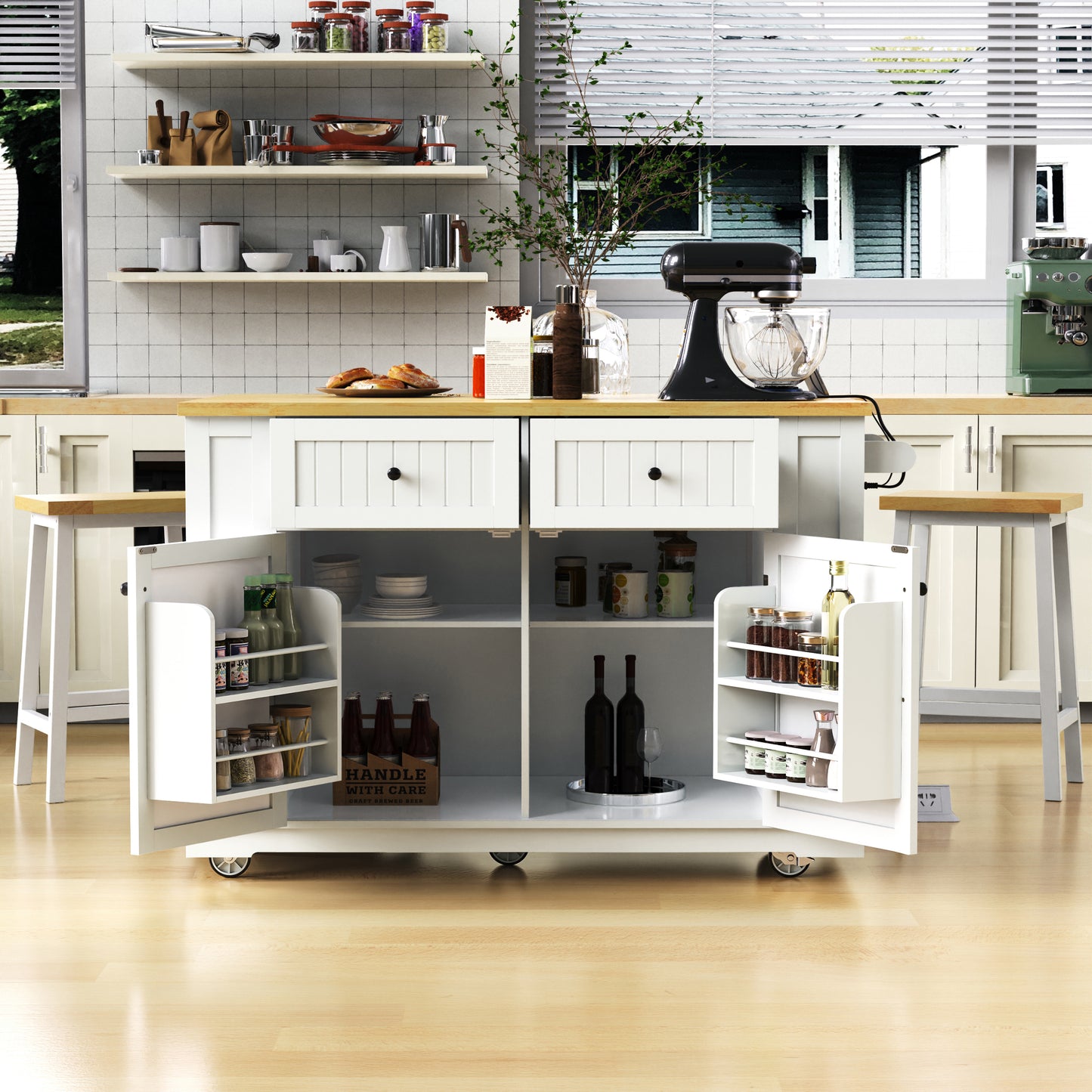 48 Inch Kitchen Island With Drop Leaf,Power Outlet,Internal Storage Rack,Rolling Kitchen Storage Cart On 5 Wheels With 5 Open Side Racks For Kitchen,White  Old SKU N707P257057W  Not Include Stools