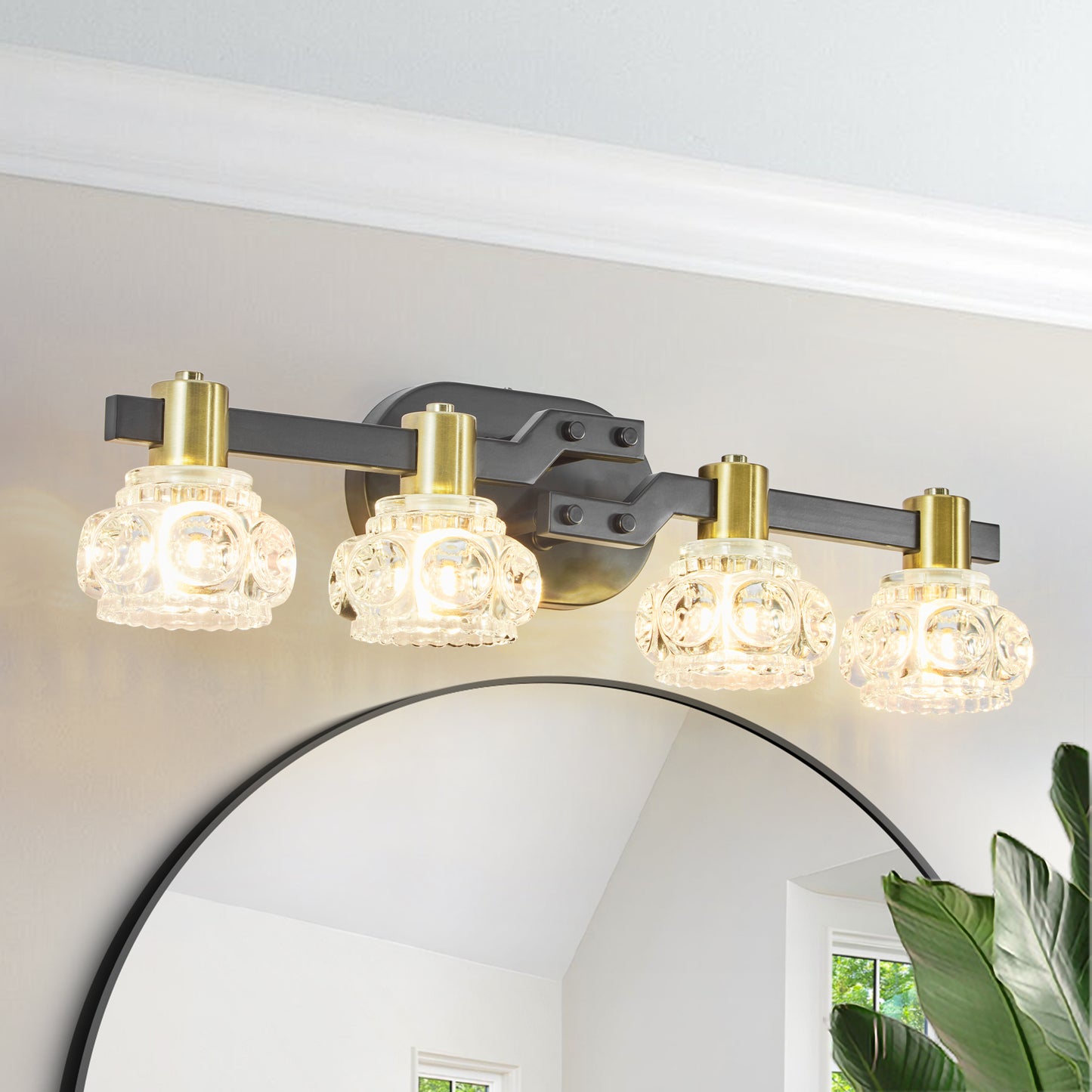 24  Vintage 4-Light Wall Sconce With Clear Crystal Shades, Black Iron Finish Vanity Light Fixture For Bathroom Or Hallway No Bulbs