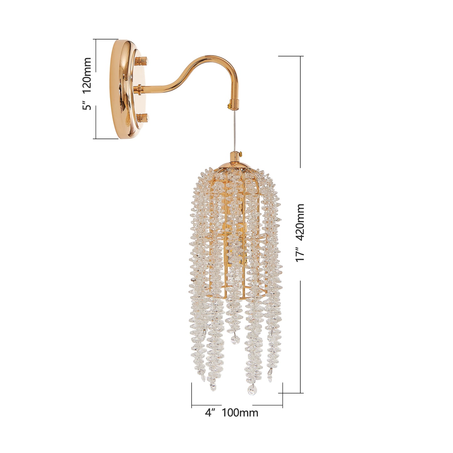 Set Of 2 Gold Frame And Cascading Crystal Bead String Wall Sconces, E12 Bulb Socket, Elegant Hanging Light Fixture For Living Room, Bedroom, Hallway  Bulb Not Included