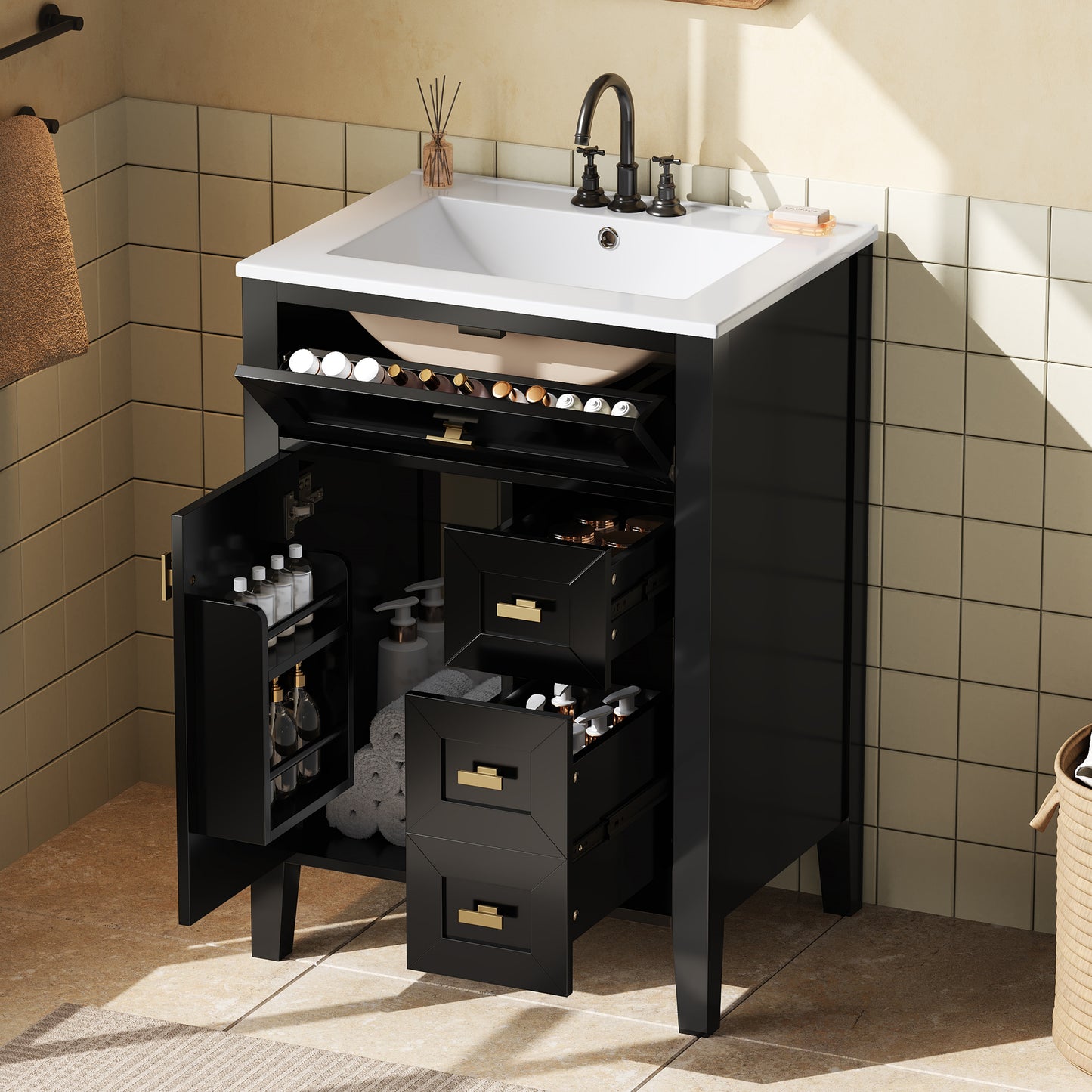 24'' Black Bathroom Vanity With Sink, MDF & Rubberwood Construction, 3 Drawers & Cabinet With 2-Tier Door Storage Rack, Soft-Close Door & Drawers, Modern Design For Small To Medium Bathrooms