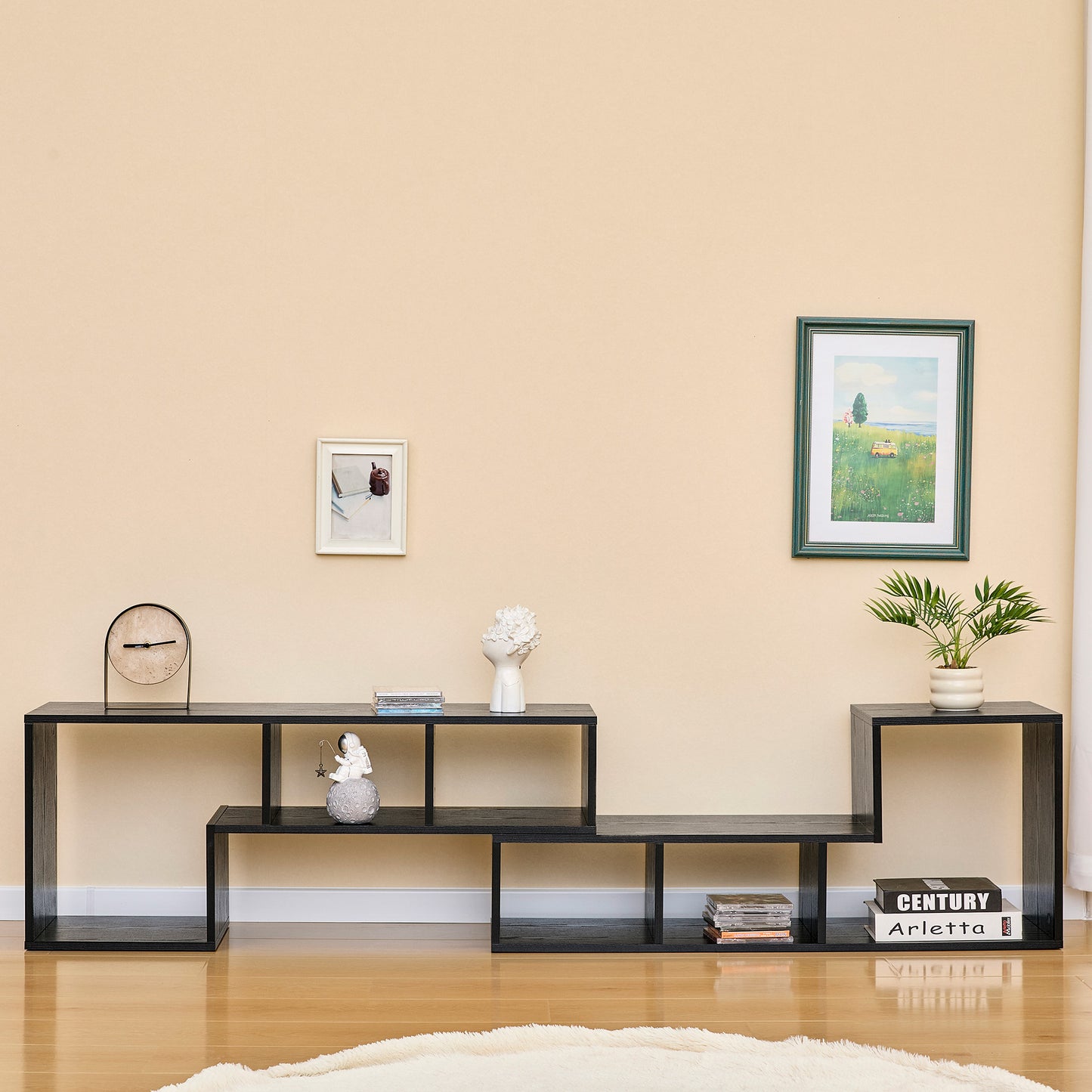 Modern Black Wood Grain MDF TV Stand, Expandable & Customizable Media Console, Free-Combination Entertainment Center With Open Storage Shelves For Living Room, Bedroom, Office