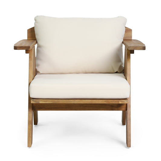 Outdoor Acacia Wood Club Chairs With Cushions  Set Of 2 , Teak Finish  Beige, 30.75 W X 30.25 D X 26.00 H