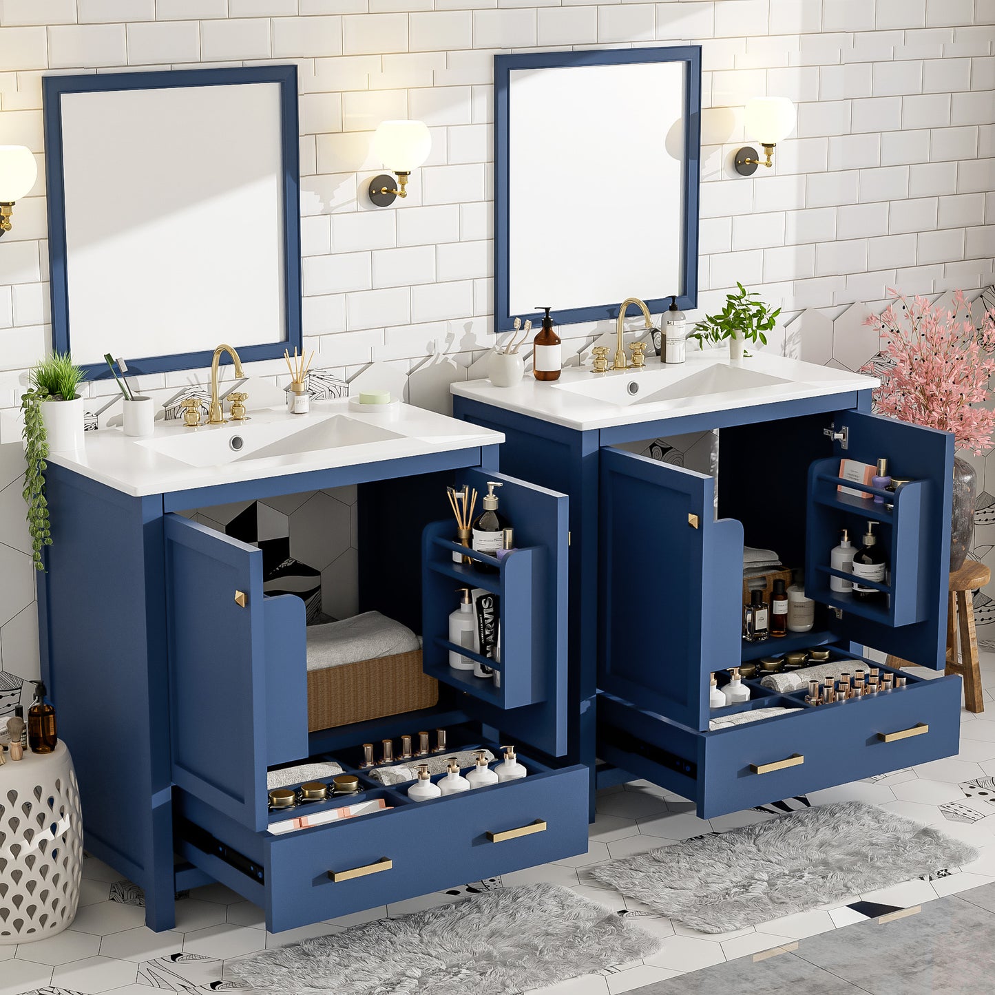 60  Blue Bathroom Vanity Set With Double Vanities  Separate , Double Ceramic Sinks, Storage Shelf, And Divided Drawers   Mirror Not Included  Modern Bathroom Solution For Spacious Bathrooms
