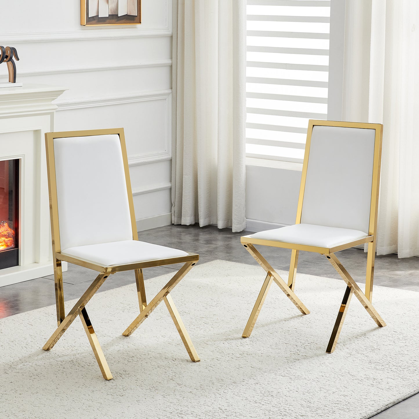 2-pack Gold Metal Framed White PU Dining Chairs Ergonomic Design, A Simple And Luxurious Choice.Featuring Uniquely Designed Gold Metal Legs.