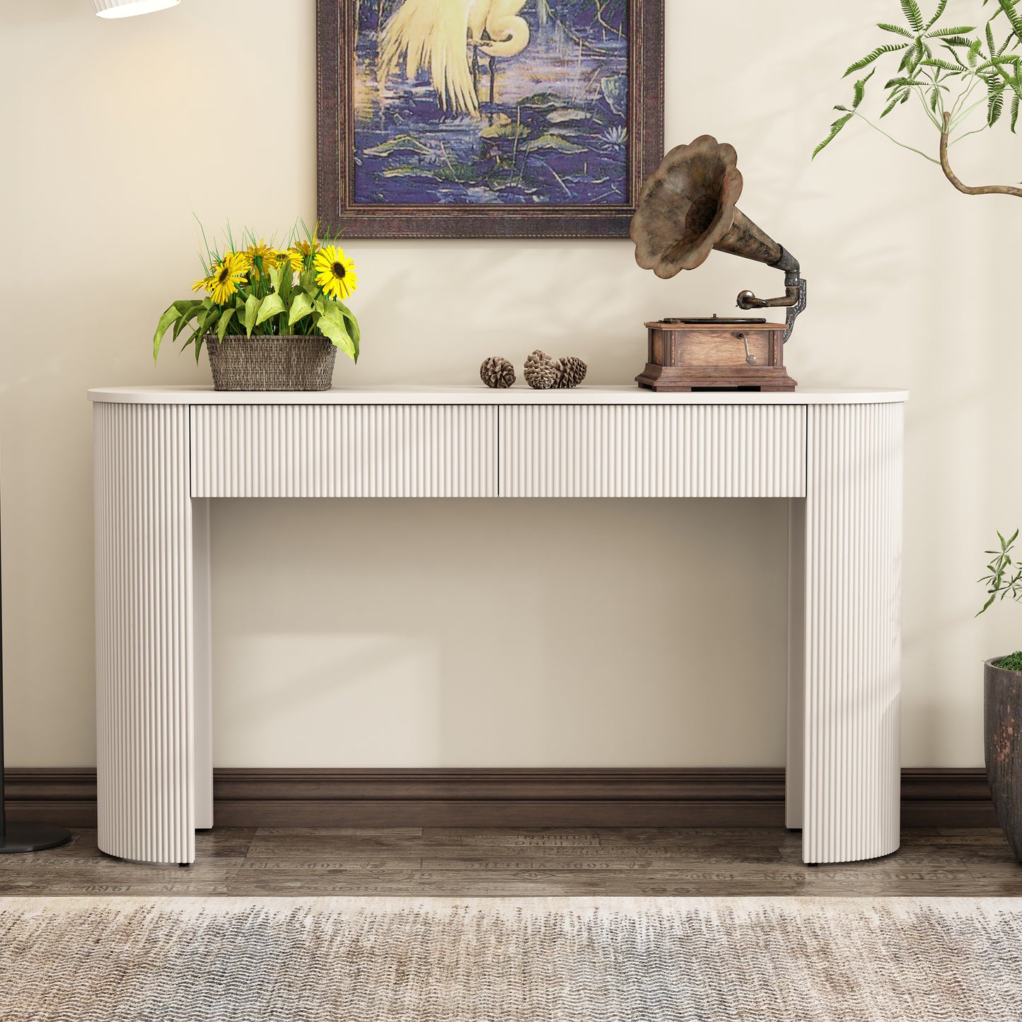 TREXM Entryway Table With Fluted Design  Modern Console Table With Storage  Oval Top And 2 Drawers For Entryway And Living Room  Champagne White