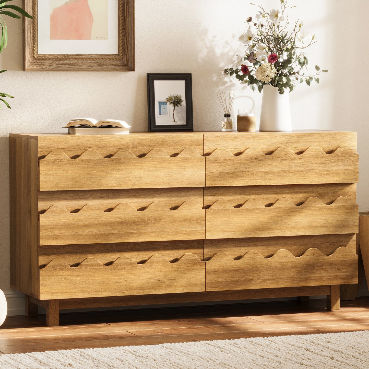 60   Length 6 Drawer Dresser With Wave Front Design, Modern TV Stand & Chest Of Drawers, Anti-Tip Clothes Storage Organizer For Bedroom, Living Room And Nursery, Natural Oak