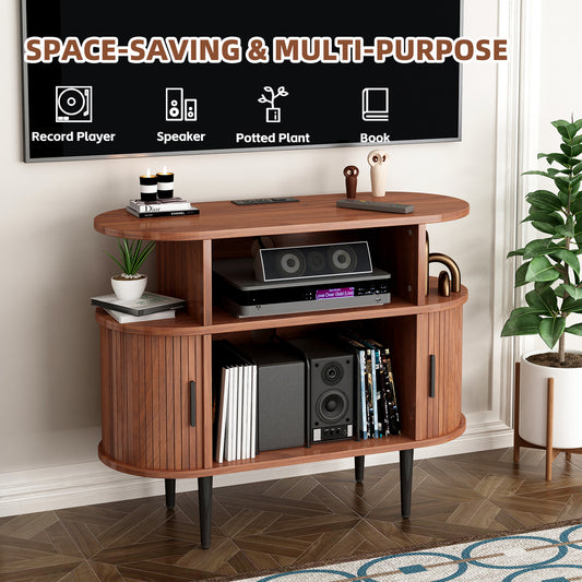 Large Round Record Player Stand With Charging Station & USB Ports, Record Storage Cabinet, Mid Century Modern Turntable Stand For Bedroom Living Room WALNUT