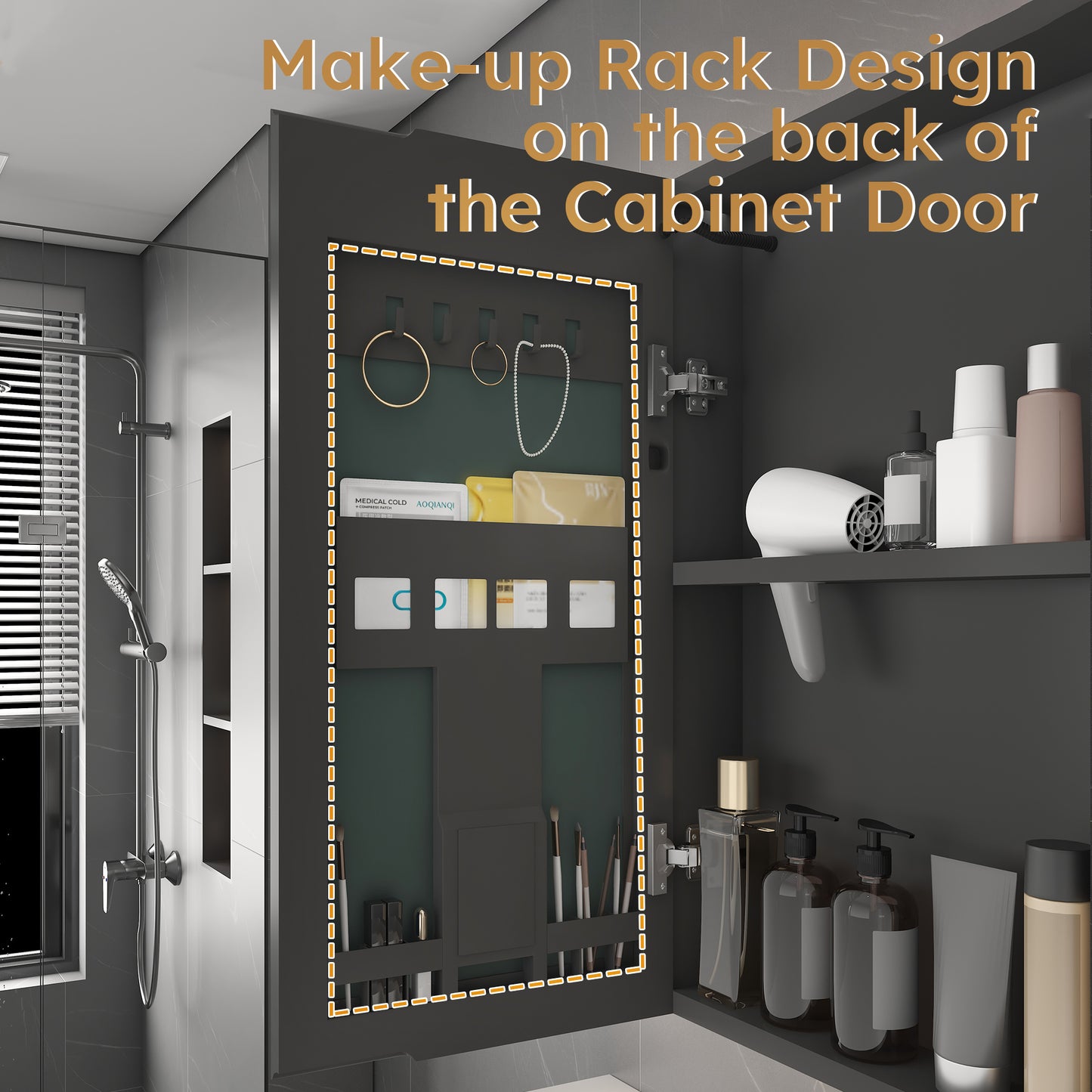 Aluminium Medicine Cabinet Mirror  35 X 28 Inches Medicine Cabinet With 3 Colors LED Light And Defogging Function  Bathroom Mirror Cabinet With Cosmetic Storage Rack And Hair Dryer Holder  Grey