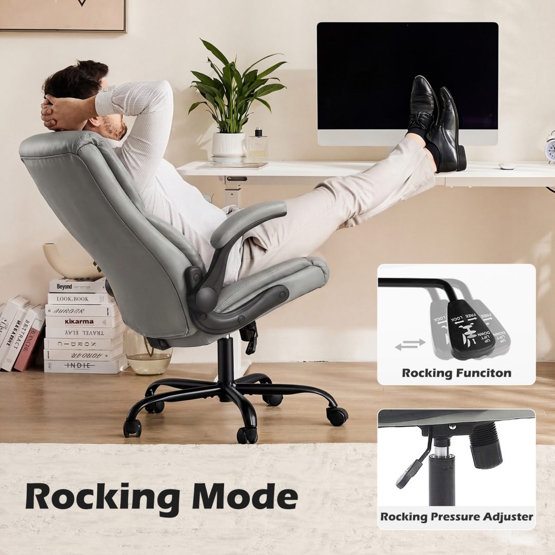 Office Computer Game Chair, High-backed Heavy-duty Workbench Chair, With Wheels, Flip-up Armrests, Adjustable Height, PU Rubber Material