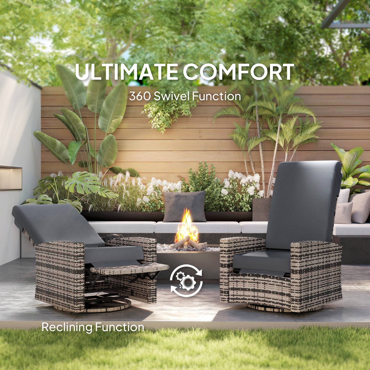 Outdoor Wicker Swivel Recliner Chair, Lifting Footrest, 360° Rotating Basic, Water-resistant Cushions, Gray