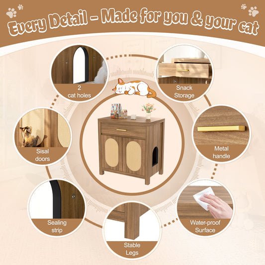 Cat Litter Box Enclosure, Hidden Cat Litter Box Furniture With Scratching Board Doors And Storage Drawer, Wooden Washroom Cat House Table Nightstand Box Cabinet, Espresso