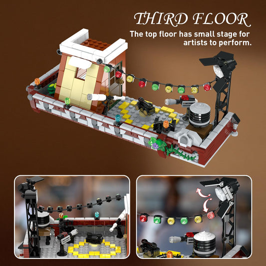Coffee House Building Set With Light, 1589 PCS City Cafe Shop Building Block Toy With Stage Street Lights, Architecture Construction Model For Adults Teens Kids Ages