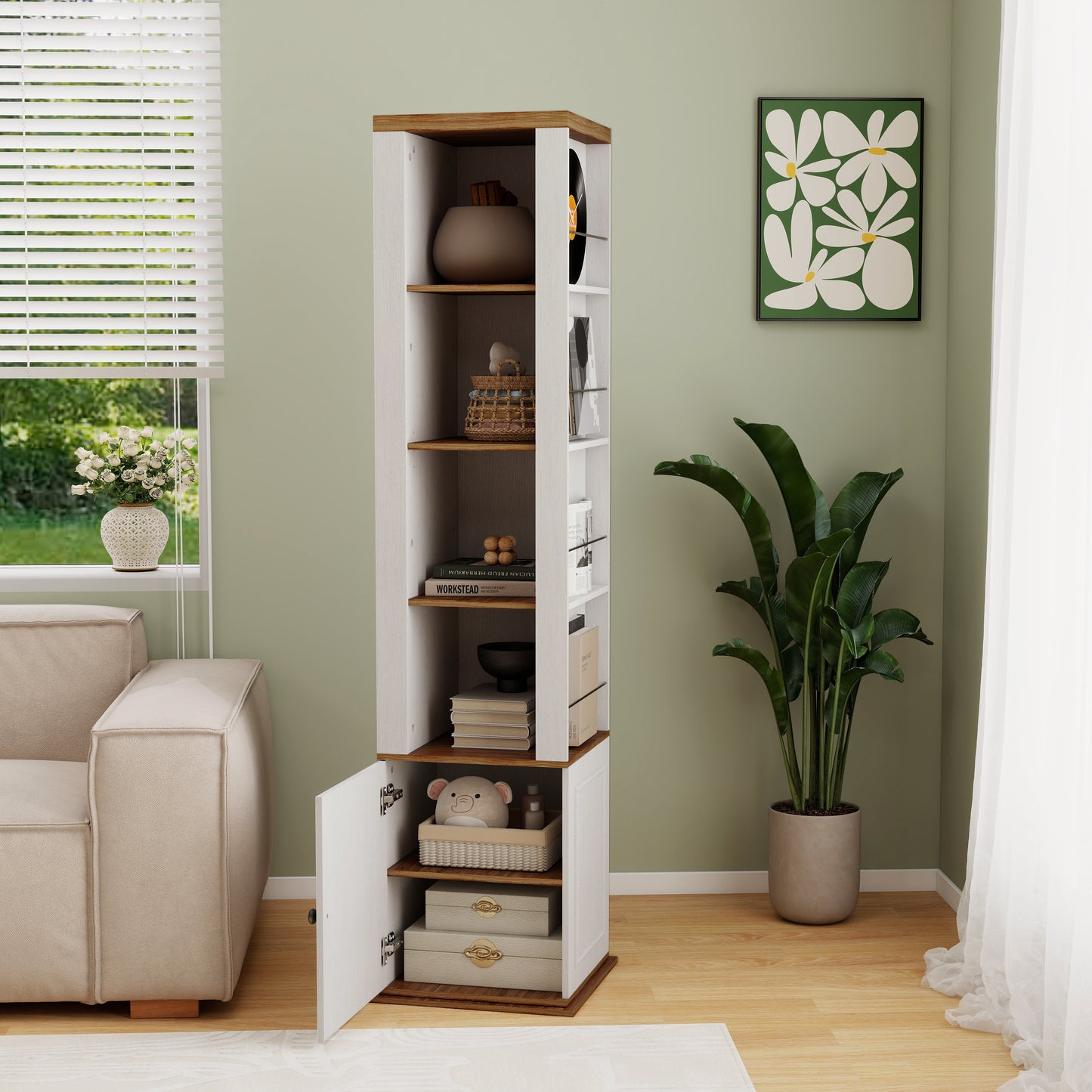 360 Rotating Storage Cabinet With Full-Length Mirror, Total Of 8 Open Shelves On Both Sides, One Side Hooks, 1 Door With A Shelve, For Living Room, Entryway, Bathroom-Antique White