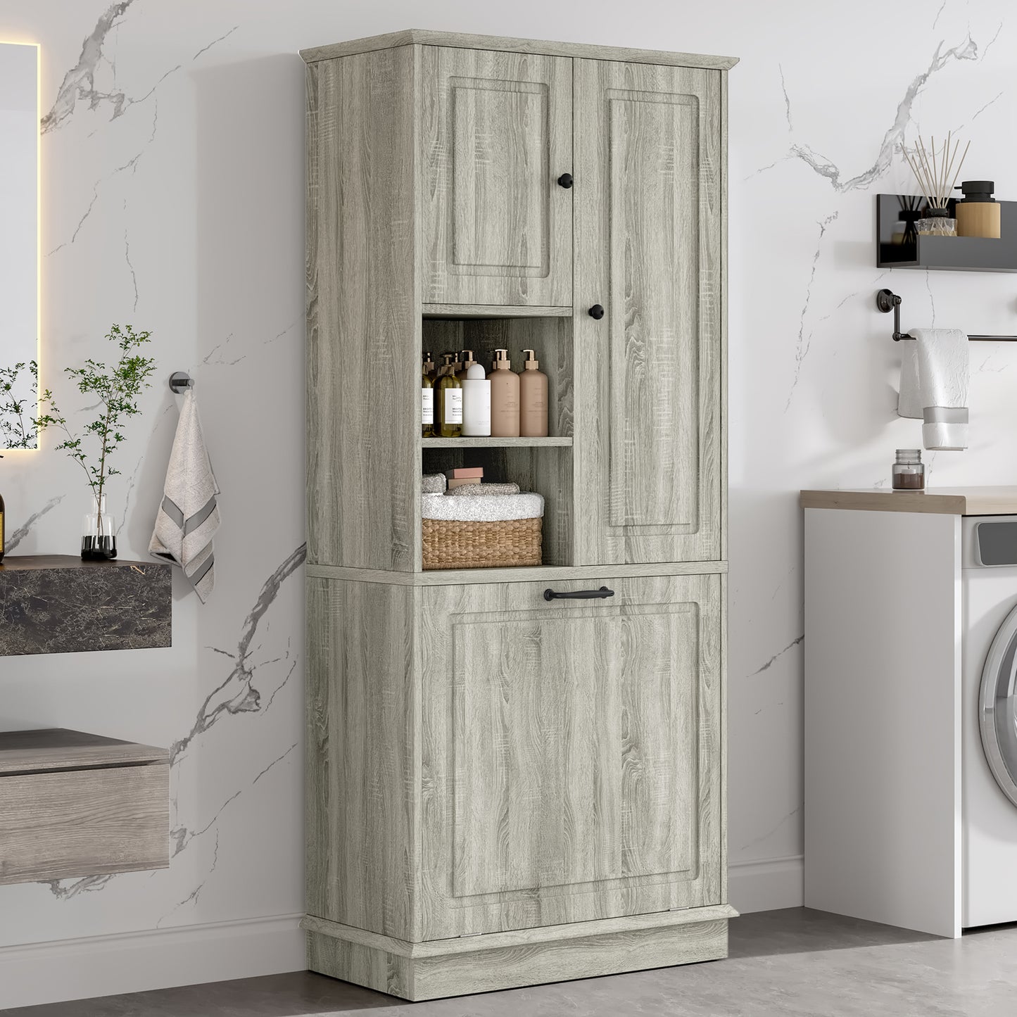 Tall Storage Cabinet With Adjustable Shelves, Large Flip-Out Basket & Enclosed Cabinets  Perfect For Bathroom, Living Room, Or Office, MDF Material With Aluminum Alloy Handles