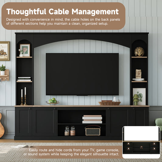 Elegant Arched Entertainment Center Wall Unit With Bookshelf, Farmhouse TV Stand With Wood Grain For TVs Up To 70, 91inch Media Console With Adjustable Shelves For Living Room, Black