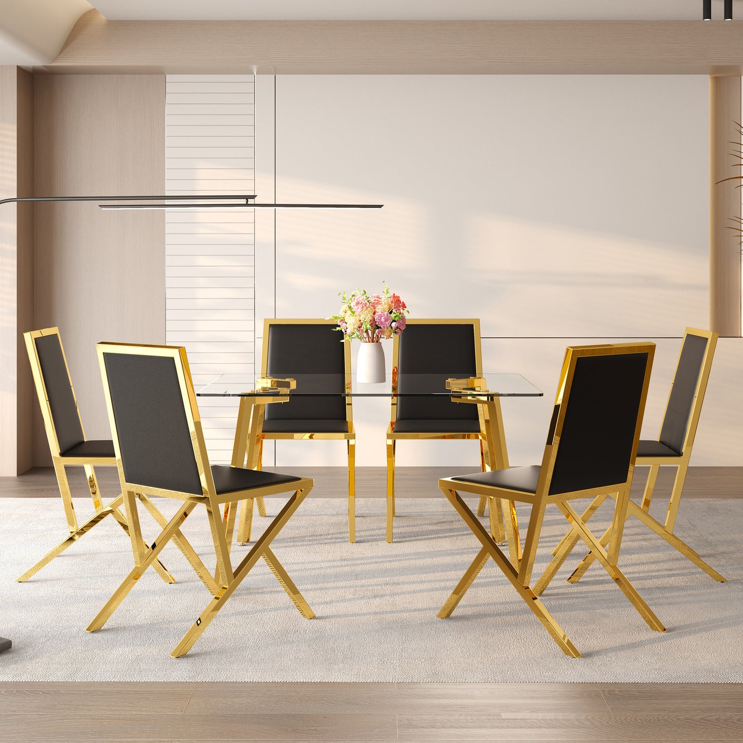 Table And Chair Set.51 X31.5-inch Tempered Glass Dining Table, Paired With A Set Of 6 Black PU Dining Chairs. Modern Light Luxury Home Restaurant Table And Chair Combination.