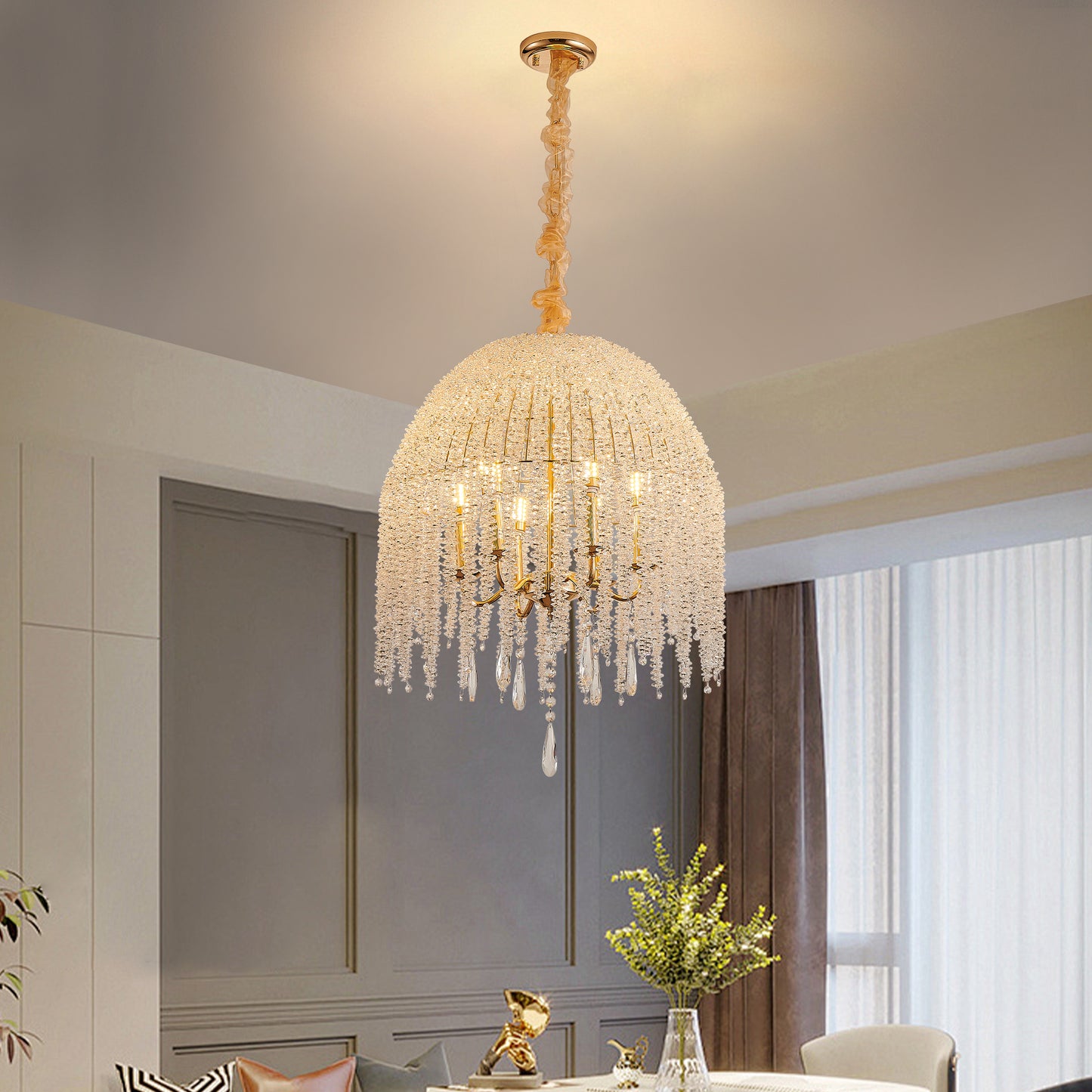 20 Inch 6 Light K9 Crystal Pendant Light Chandelier  Elegant Waterfall Design With Cascading Crystal Bead Strings And Gold Finish For Living Room, Bedroom, Or Dining Area Bulb Not Included