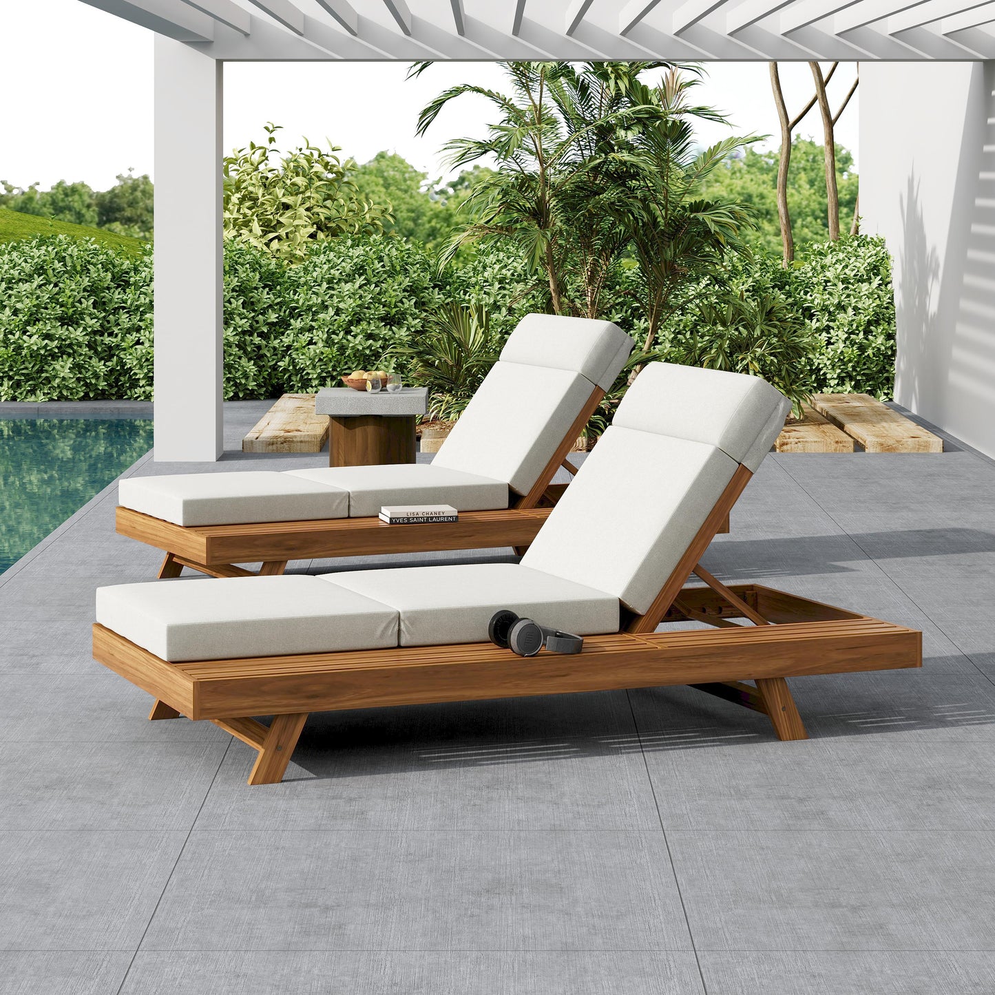 LOUNGE CHAISE SET WITH HEADREST,SPACE AVAILABLE ON ONE SIDE, ACACIA WOOD WITH WATER-RESISTANT LOUNGE CUSHIONS  CREAM & 3-FOLD & 4 Inch  - MATCHING DARK GREY BEIGE VERSION AVAILABLE