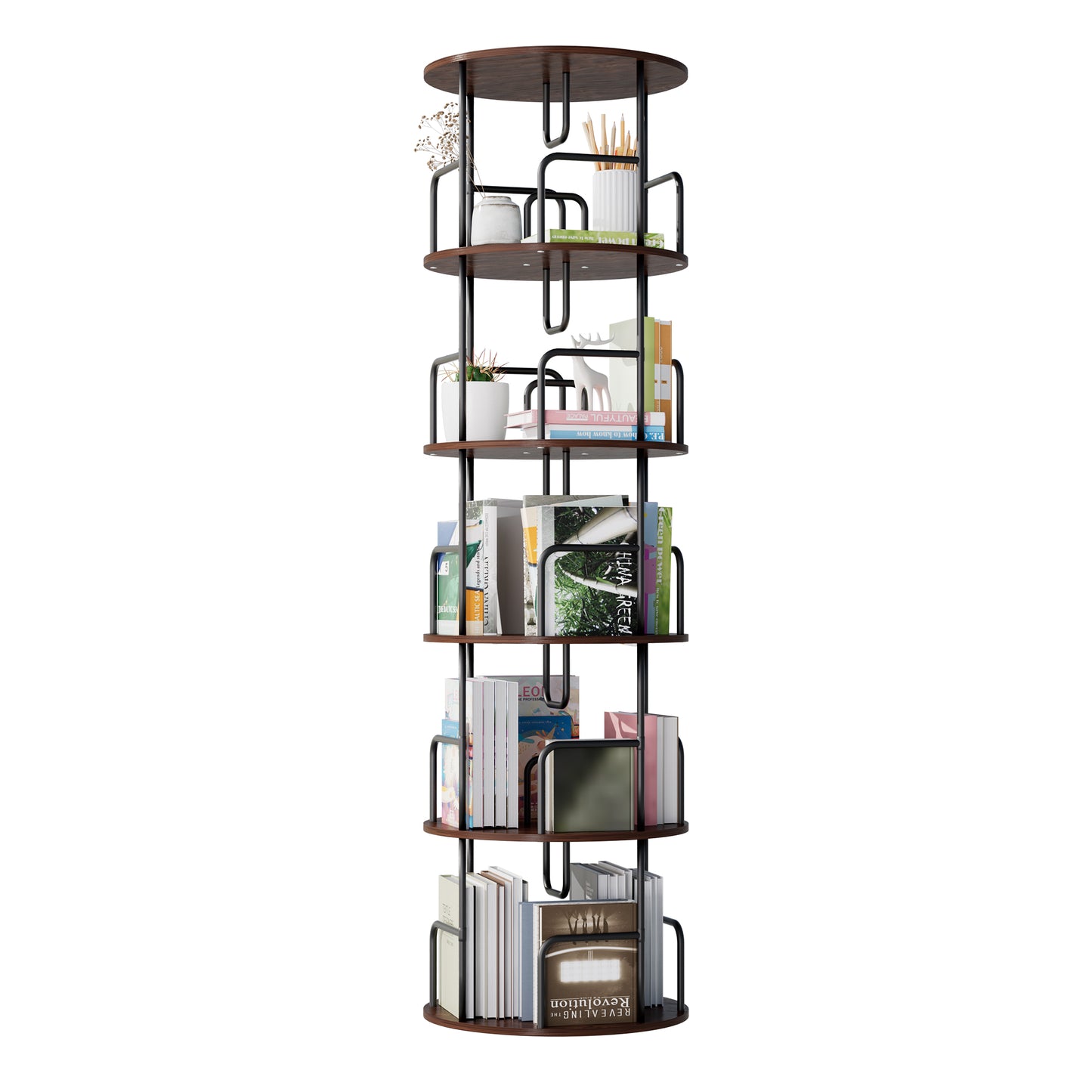 Rotating Bookshelf Tower 5 Tier  Spinning Bookcase  Revolving 360 Book Shelf Narrow Tall Bookcase  Vertical Turning Round Storage Bookshelf  Book Shelf Organizer For Bedroom  Living Room  Brown