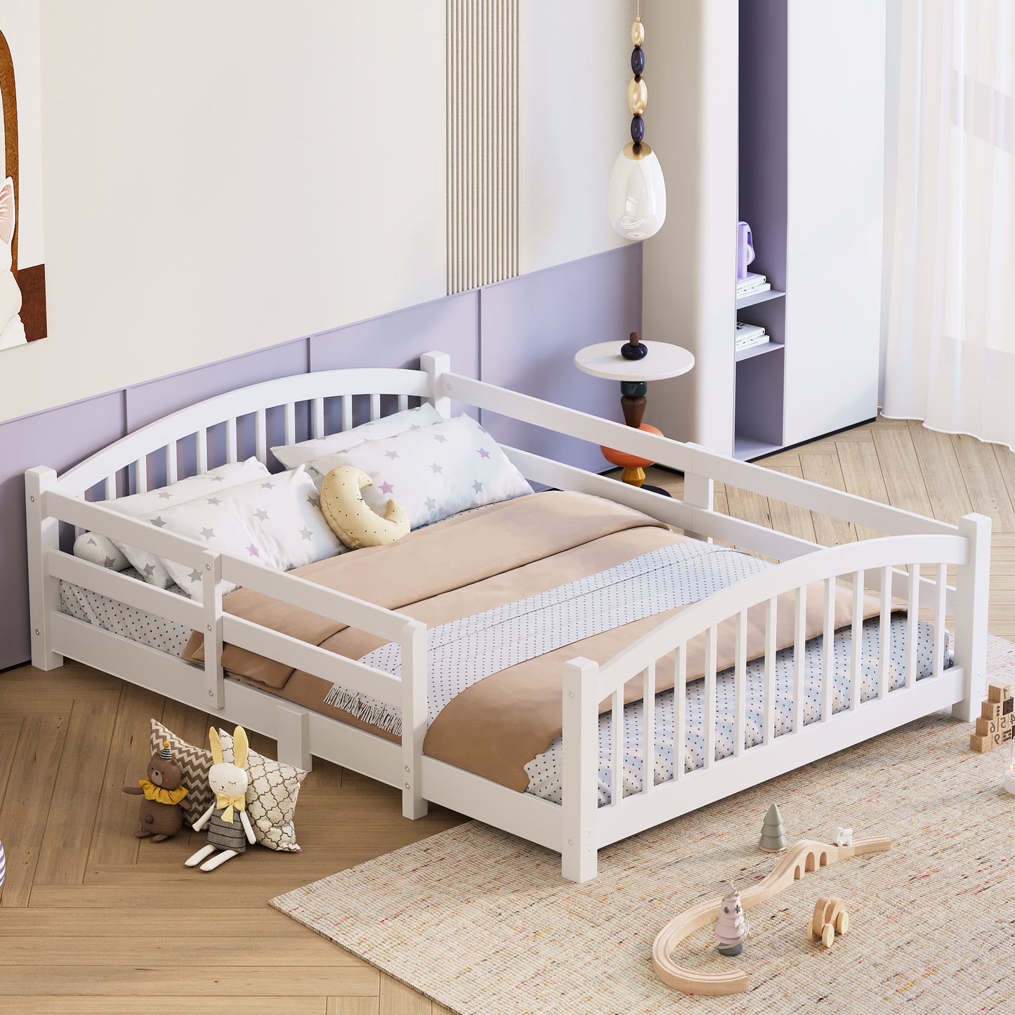 Full Montessori Floor Bed With Slats And Safety Guardrails, Solid Wood Floor Bed With Fence And Without Door, Easy Assemble Montessori Bed For Girls And Boys, White