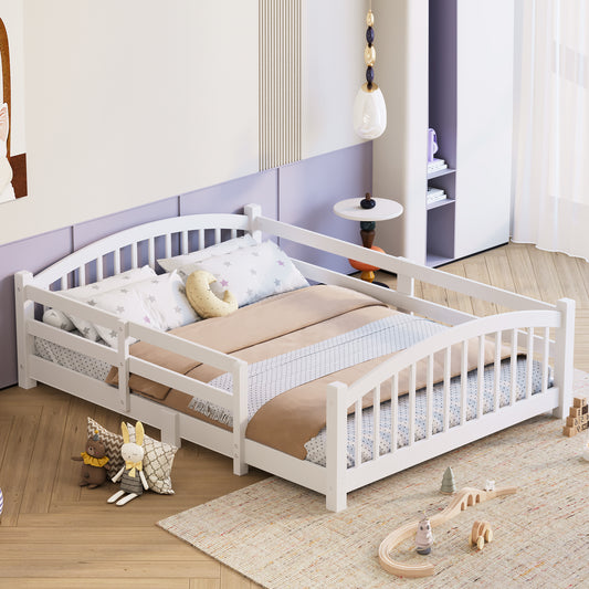 Full Montessori Floor Bed With Slats And Safety Guardrails, Solid Wood Floor Bed With Fence And Without Door, Easy Assemble Montessori Bed For Girls And Boys, White