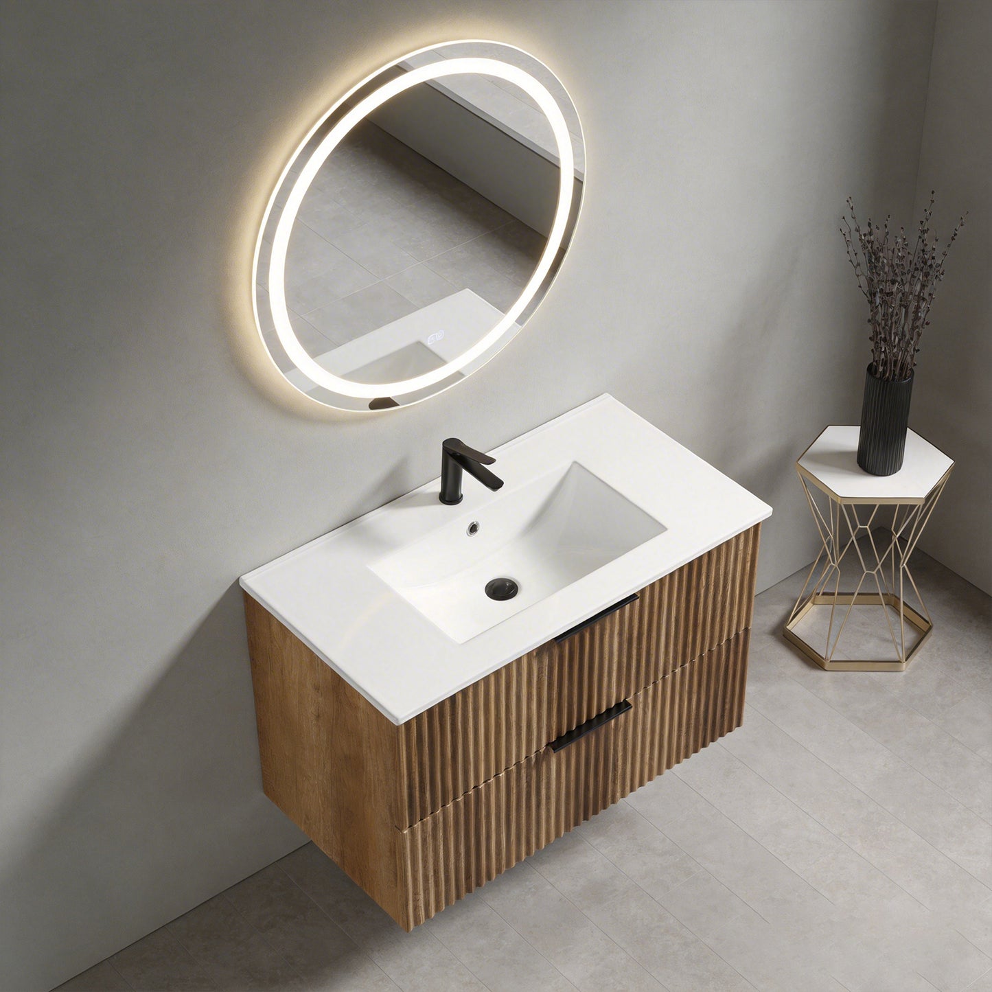 36 Inch Wall-Mounted Bathroom Vanity With 3D Fluted Panel & Ceramic Integrated Sink