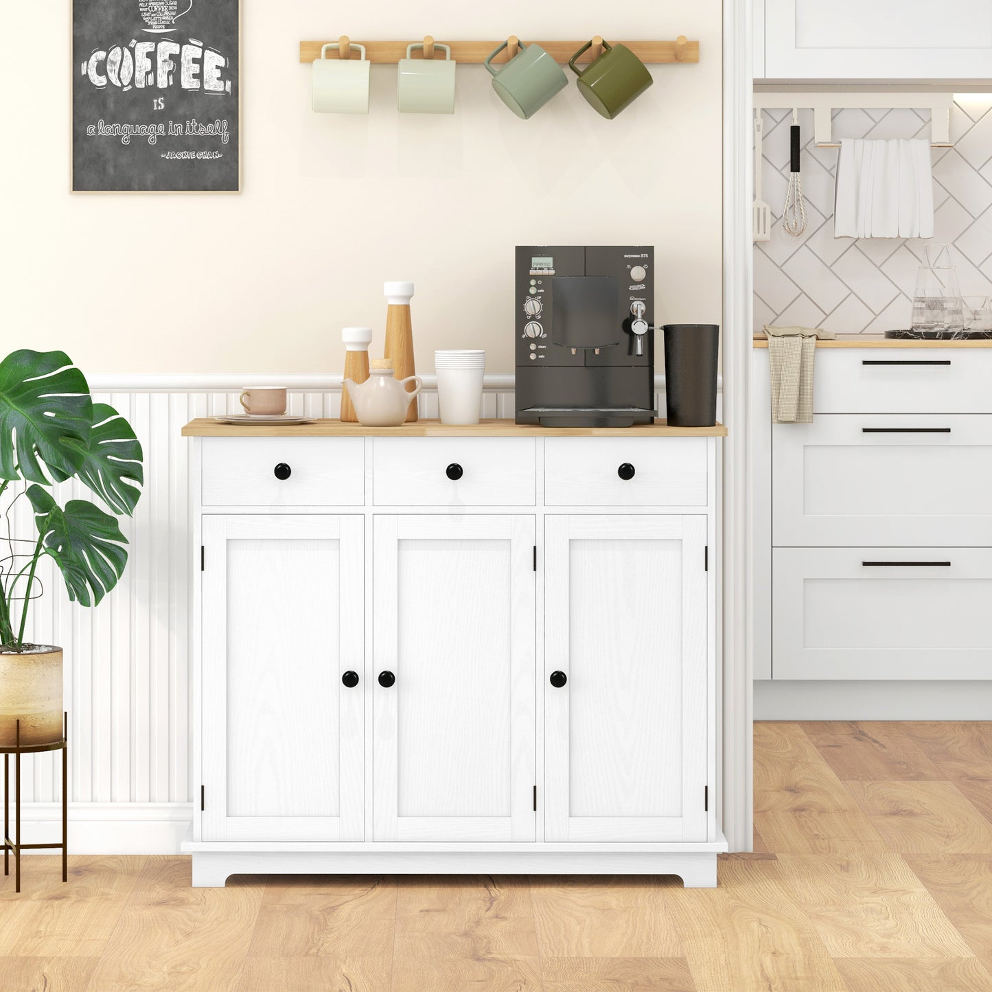 Kitchen Storage Cabinet, Sideboard Floor Cupboard With Solid Wood Top, Adjustable Shelf, And 3 Drawers, White