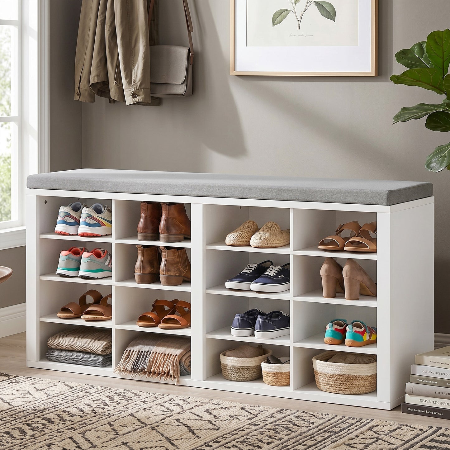 Shoe Storage Bench With Cushion 16 Cubby Shoe Rack Multifunctional Shoe Organizer Bench For Entryway Hallway Living Room Bedroom
