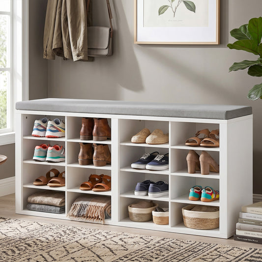 Shoe Storage Bench With Cushion 16 Cubby Shoe Rack Multifunctional Shoe Organizer Bench For Entryway Hallway Living Room Bedroom