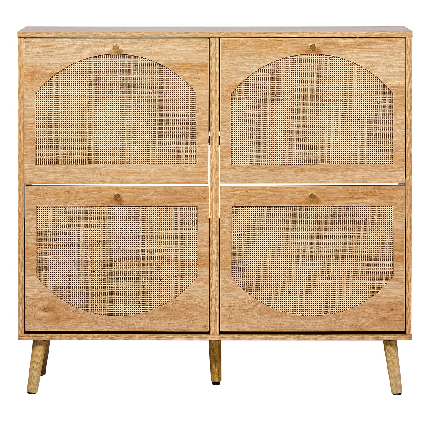 2 Rows Of 4 Dump Buckets With High Feet Arched Rattan Surface Shoe Cabinet Density Board With Triamine 105X24X98cm Original Wood Color