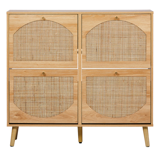 2 Rows Of 4 Dump Buckets With High Feet Arched Rattan Surface Shoe Cabinet Density Board With Triamine 105X24X98cm Original Wood Color