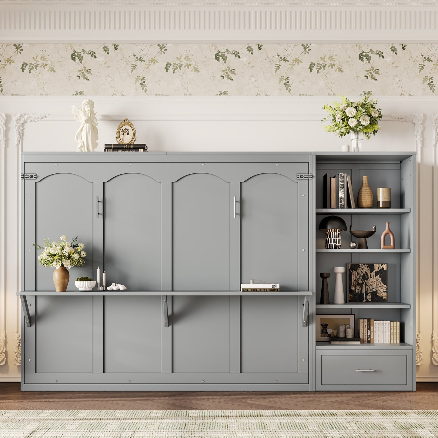 Queen Size Murphy Bed With Height Adjustable Storage Compartments And Shelf, Wall Bed Frame With 1 Drawer, Multifunctional Foldable Platform Bed For Bedroom,Guest Room, Gray OLD