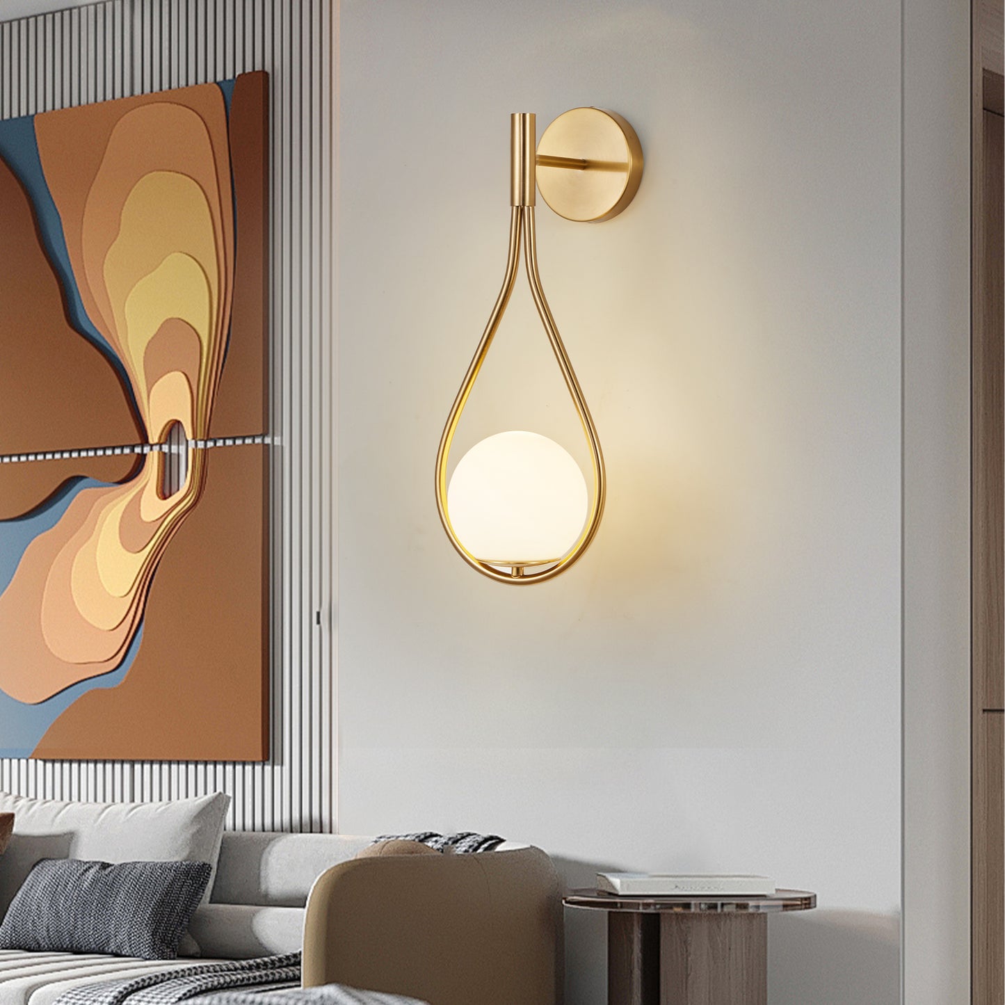 19IN  Set Of 2 Modern Golden Wall Sconces With Opal Glass Globe, Mid-Century Design, Luxury Wall Lights For Bedroom, Living Room, Hallway -No Bulb