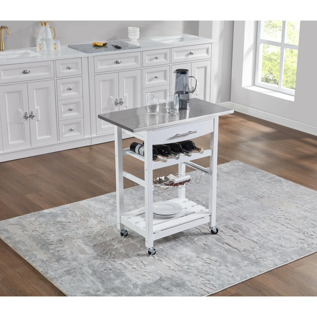 Mobile Rolling Kitchen Island Trolley Serving Cart With Underneath Drawer & Slide-Out Wire Storage Basket