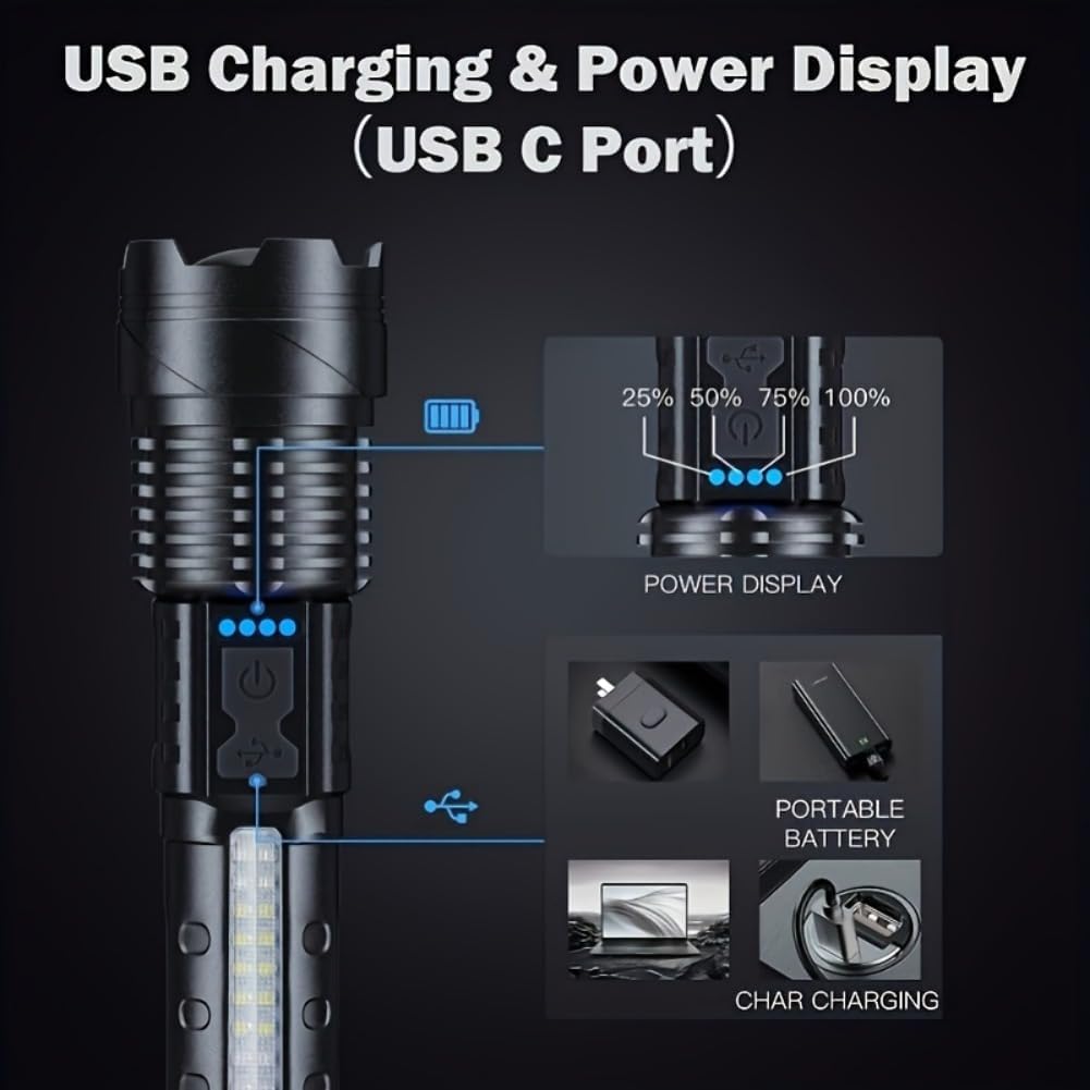 LED Super Powerful Rechargeable Torch Flood Light,Focus Adjustable Water Resistant Handheld Light For Outdoor Camping, Fishing, Hunting, Climbing, Adventure Emergency