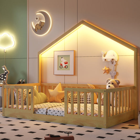 Twin Floor Bed With High Rails, Wooden Montessori Bed With Light For Kids, Boys And Girls,NaturalExpect Arrival Date 2026 3 16