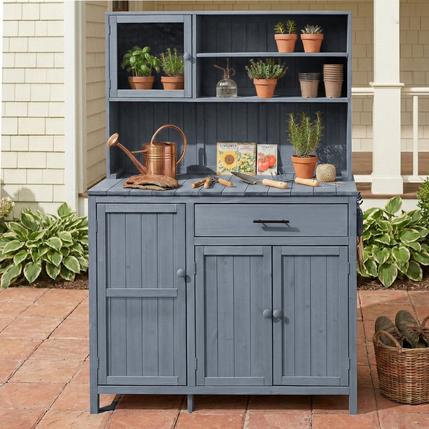 With Assembly Video  TOPAMx Potting Bench With Hutch  65  H Solid Fir Wood Garden Workstation  Large Countertop  Patio Kitchen Island With Adjustable Shelves  Spice Rack  Side Hook And Drawer  Gray