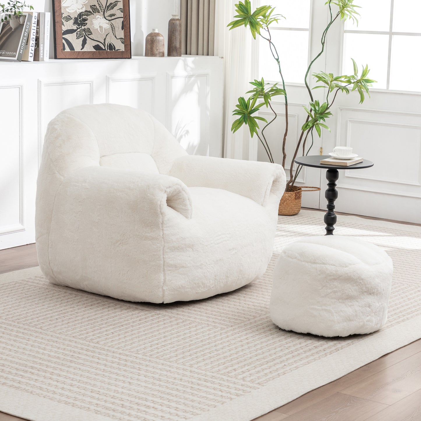 Bean Bag Chair, Comfy Bean Bag Sofa With Back Support, With Footstool,Faux Fur Bean Bag Chair For Adults And Kids, Stuffed Floor Sofa For Living Room, Bedroom, Apartment, White