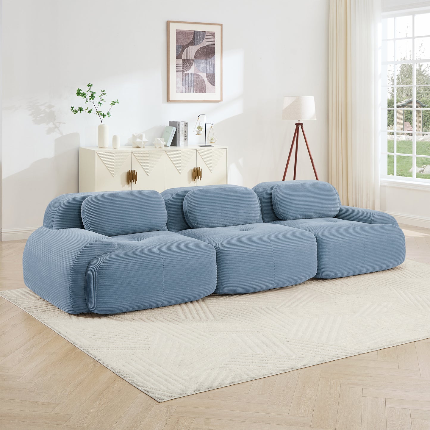 3-seat Sofa PremiumCorduroy Fabric Fabric Modular Multi-combination Anti-slip Design No Assembly Curved Armrests Ergonomic Support High-resilience Sponge For Living Rooms Bedrooms,Blue