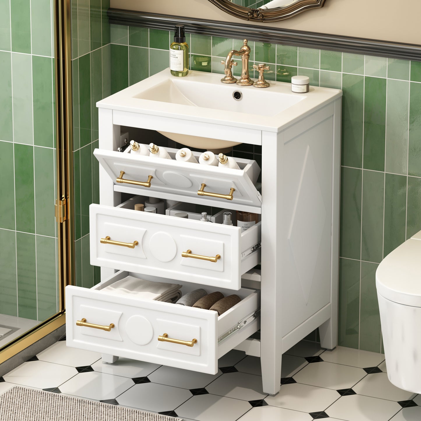 24   Bathroom Vanity With Ceramic Sink Combo, Free Standing Single Vanity Set With 3 Drawers, Solid Wood Frame Bathroom Storage Cabinet, White