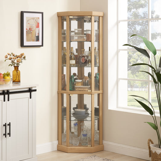 Corner Lighted Curio Cabinet Corner Glass Cabinet Lighted Curio Cabinet Corner Display Case For Living Room, Curio Cabinet, Antique Collection, Wine,Bar Glass Storage Light Included,Light Oak