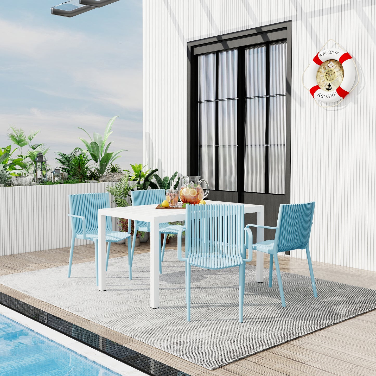 Holiday - 4pcs Light Blue Stackable PP Armchair For Indoor Outdoor Use  Ergonomic Slatted Back With 55 Inch White Modern Long Table - Indoor Outdoor- Lightweight PP Tabletop With Metal