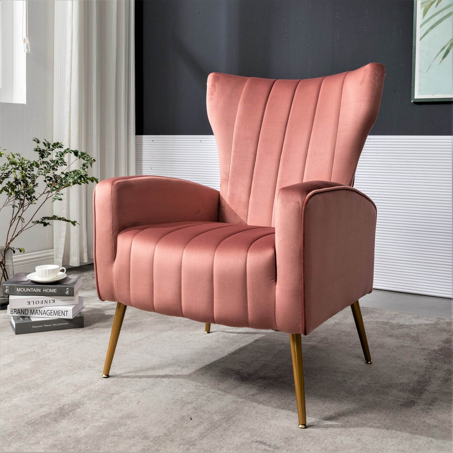 Velvet Accent Chair With Metal Legs, Modern Upholstered Armchair, Wingback Side Chair For Living Room Bedroom Small Spaces