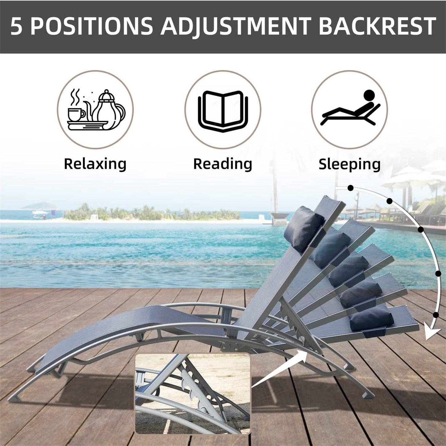 Pool Lounge Chairs Set Of 3, Adjustable Aluminum Outdoor Chaise Lounge Chairs With Metal Side Table, All Weather For Deck Lawn Poolside   Blue, 2 Lounge Chirs 1 Table