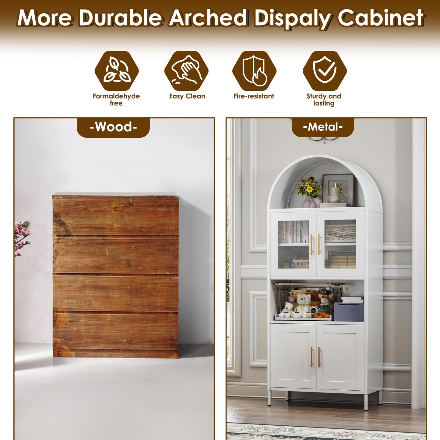 73inch Tall Arched Kitchen Pantry Cabinet With Doors, Metal Arched Hutch Cabinet For Kitchen, Dining Room, Living Room, Assembly Required, White