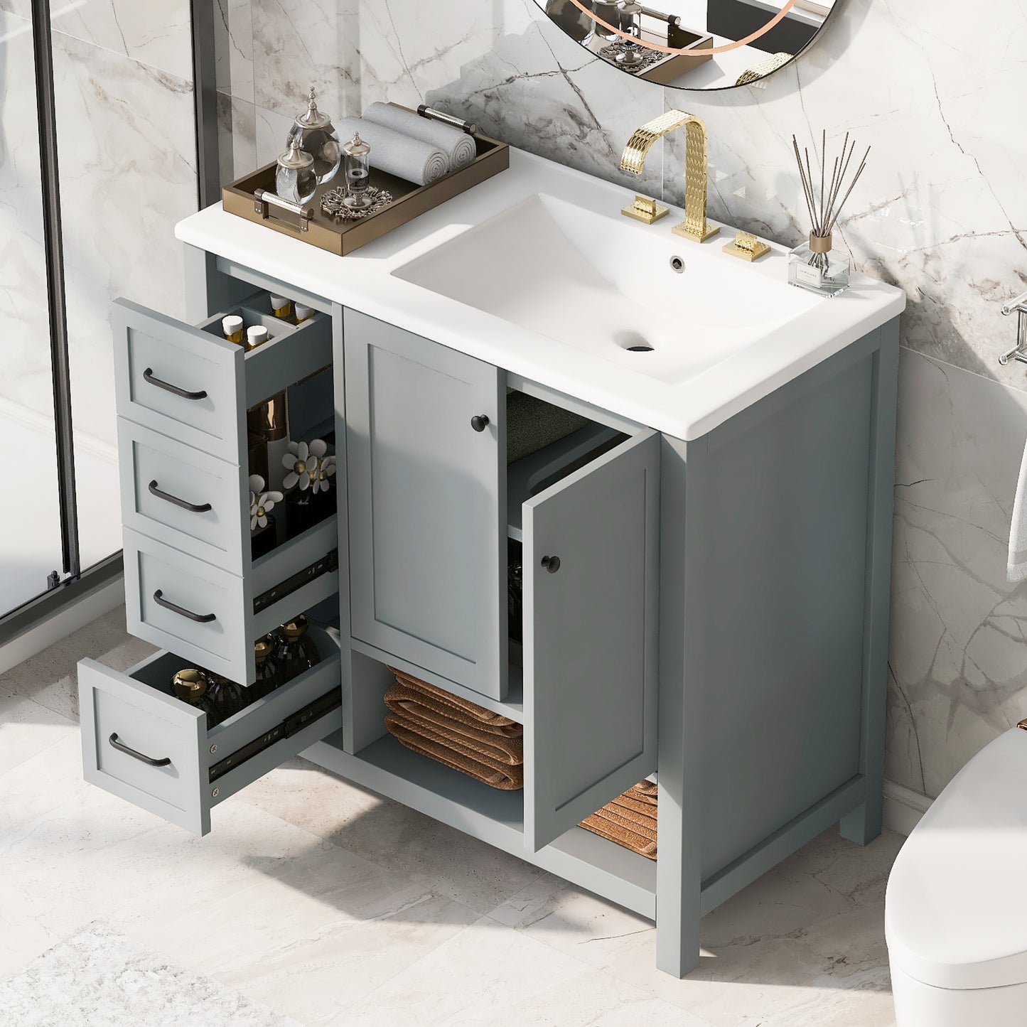 36  Bathroom Vanity With Sink Top, Bathroom Vanity Cabinet With Two Doors And Two Drawers, Solid Wood, Open Shelf, MDF Boards, Two Package, Grey