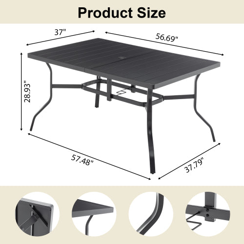 Outdoor Dining Table For 6, Powder-Coated Steel Slat Top With 2.16in Umbrella Hole, Anti-Slip Pads, E-Coating Frame, All-Weather Black Patio Table For Garden, Poolside, Backyard